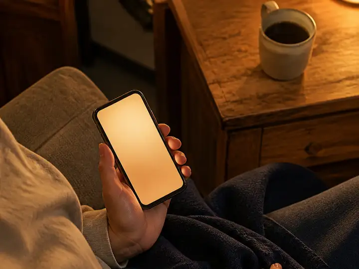 夜の部屋で、片手にスマートフォンを持ち、明るい画面を見ている手元の写真。