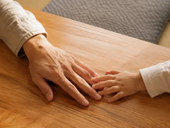 木の食卓に置かれた大人の手に、子どもの指先が重なっている写真。